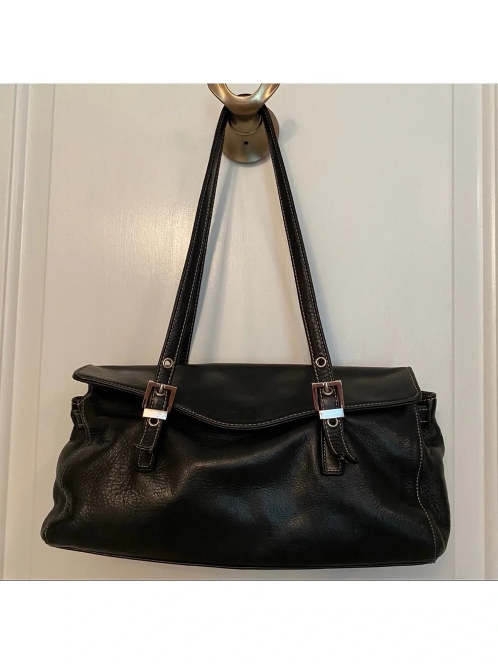 PERLINA SHOULDER BAG SATCHEL BLACK LEATHER 2 STRAP FLAP CLOSE